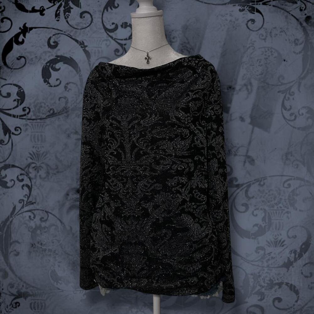 ornate baroque damask scroll print glittery grey whimsical boho glam black top